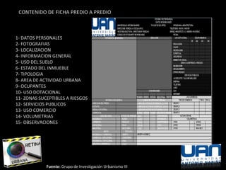 CONTENIDO DE FICHA PREDIO A PREDIO
1- DATOS PERSONALES
2- FOTOGRAFIAS
3- LOCALIZACION
4- INFORMACION GENERAL
5- USO DEL SUELO
6- ESTADO DEL INMUEBLE
7- TIPOLOGIA
8- AREA DE ACTIVIDAD URBANA
9- OCUPANTES
10- USO DOTACIONAL
11- ZONAS SUCEPTIBLES A RIESGOS
12- SERVICIOS PUBLICOS
13- USO COMERCIO
14- VOLUMETRIAS
15- OBSERVACIONES
Fuente: Grupo de Investigación Urbanismo III
 
