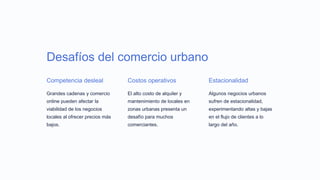 Desafíos del comercio urbano
Competencia desleal
Grandes cadenas y comercio
online pueden afectar la
viabilidad de los negocios
locales al ofrecer precios más
bajos.
Costos operativos
El alto costo de alquiler y
mantenimiento de locales en
zonas urbanas presenta un
desafío para muchos
comerciantes.
Estacionalidad
Algunos negocios urbanos
sufren de estacionalidad,
experimentando altas y bajas
en el flujo de clientes a lo
largo del año.
 