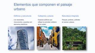 Elementos que componen el paisaje
urbano
Edificios y estructuras
Los rascacielos,
monumentos, y puentes son
elementos distintivos.
Callejones y plazas
Espacios públicos que
reflejan la actividad cotidiana
de la ciudad.
Naturaleza integrada
Parques, jardines, y árboles
en aceras y plazas.
 