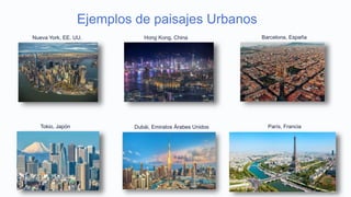 Ejemplos de paisajes Urbanos
Nueva York, EE. UU. Hong Kong, China Barcelona, España
Tokio, Japón Dubái, Emiratos Árabes Unidos París, Francia
 