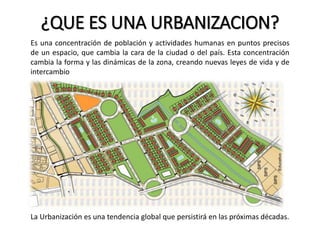 ¿QUE ES UNA URBANIZACION?
La Urbanización es una tendencia global que persistirá en las próximas décadas.
Es una concentración de población y actividades humanas en puntos precisos
de un espacio, que cambia la cara de la ciudad o del país. Esta concentración
cambia la forma y las dinámicas de la zona, creando nuevas leyes de vida y de
intercambio
 