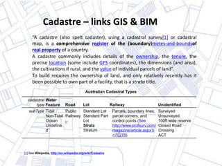 Cadastre – links GIS & BIM “A cadastre (also spelt cadaster), using a cadastral survey[1] or cadastral map, is a comprehensive register of the (boundary)metes-and-boundsof real property of a country.  