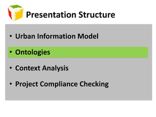Integration with OntologyOntologySet of concepts to express a world viewWeb 2.0 – the semantic WebConcept searchingUrban Ontologies– current researchOntology tools     – OWL (Web Ontology Language)Concept mappingQueries & reasoning