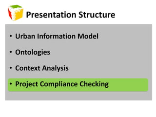 Presentation StructureUrban Information ModelOntologiesContext AnalysisProject Compliance Checking