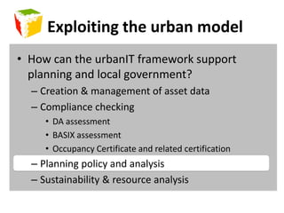 UrbanIT StrengthsBetter access to planning informationBetter communication between experts/non-expertsBetter intergovernmental information sharingMovement away from bureaucratic duplication toward automation. Text based moving toward spatially enabled secure, logged and verifiable transactionsSeamless integration with existing planning toolsAbility to see a development in an urban context, rather than in isolation