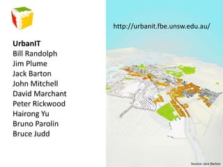 Exploiting the urban modelHow can the urbanIT framework support planning and local government?Creation & management of asset dataCompliance checkingDA assessmentBASIX assessmentOccupancy Certificate and related certificationPlanning policy and analysisSustainability & resource analysis