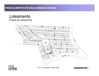 PARCELAMENTO DO SOLO URBANO E RURALPARCELAMENTO DO SOLO URBANO E RURALPARCELAMENTO DO SOLO URBANO E RURALPARCELAMENTO DO SOLO URBANO E RURAL
Loteamento
Projeto do Loteamento
Prof. Luis Augusto Koenig Veiga
 