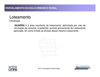 PARCELAMENTO DO SOLO URBANO E RURALPARCELAMENTO DO SOLO URBANO E RURALPARCELAMENTO DO SOLO URBANO E RURALPARCELAMENTO DO SOLO URBANO E RURAL
Loteamento
Introdução
-QUADRA é a área resultante do loteamento, delimitada por vias de
circulação de veículos, e podendo, quando proveniente de Loteamento
aprovado, ter como limites as divisas desse mesmo Loteamento
Prof. Luis Augusto Koenig Veiga
 