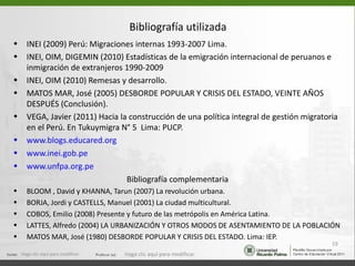 Bibliografía utilizada
•     INEI (2009) Perú: Migraciones internas 1993-2007 Lima.
•     INEI, OIM, DIGEMIN (2010) Estadísticas de la emigración internacional de peruanos e
      inmigración de extranjeros 1990-2009
•     INEI, OIM (2010) Remesas y desarrollo.
•     MATOS MAR, José (2005) DESBORDE POPULAR Y CRISIS DEL ESTADO, VEINTE AÑOS
      DESPUÉS (Conclusión).
•     VEGA, Javier (2011) Hacia la construcción de una política integral de gestión migratoria
      en el Perú. En Tukuymigra N° 5 Lima: PUCP.
•     www.blogs.educared.org
•     www.inei.gob.pe
•     www.unfpa.org.pe
                                  Bibliografía complementaria
•     BLOOM , David y KHANNA, Tarun (2007) La revolución urbana.
•     BORJA, Jordi y CASTELLS, Manuel (2001) La ciudad multicultural.
•     COBOS, Emilio (2008) Presente y futuro de las metrópolis en América Latina.
•     LATTES, Alfredo (2004) LA URBANIZACIÓN Y OTROS MODOS DE ASENTAMIENTO DE LA POBLACIÓN
•     MATOS MAR, José (1980) DESBORDE POPULAR Y CRISIS DEL ESTADO. Lima: IEP.
                                                                                            19
    Haga clic aquí para modificar.   Haga clic aquí para modificar.
 