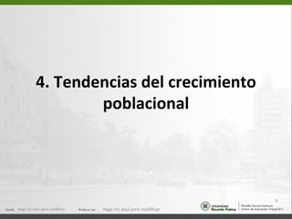 4. Tendencias del crecimiento
                   poblacional




                                                                  6
Haga clic aquí para modificar.   Haga clic aquí para modificar.
 