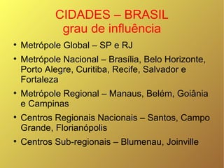 CIDADES – BRASIL grau de influência Metrópole Global – SP e RJ Metrópole Nacional – Brasília, Belo Horizonte, Porto Alegre, Curitiba, Recife, Salvador e Fortaleza Metrópole Regional – Manaus, Belém, Goiânia e Campinas Centros Regionais Nacionais – Santos, Campo Grande, Florianópolis Centros Sub-regionais – Blumenau, Joinville 