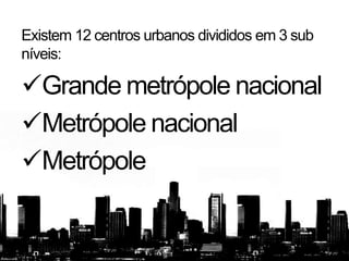 Existem 12 centros urbanos divididos em 3 sub
níveis:

Grande metrópole nacional
Metrópole nacional
Metrópole
 