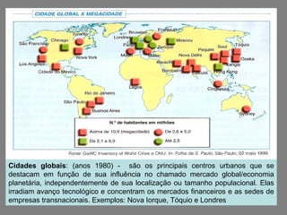 Cidades globais: (anos 1980) - são os principais centros urbanos que se
destacam em função de sua influência no chamado mercado global/economia
planetária, independentemente de sua localização ou tamanho populacional. Elas
irradiam avanço tecnológico e concentram os mercados financeiros e as sedes de
empresas transnacionais. Exemplos: Nova Iorque, Tóquio e Londres
 