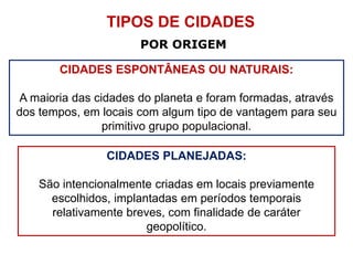 POR ORIGEM
TIPOS DE CIDADES
CIDADES ESPONTÂNEAS OU NATURAIS:
A maioria das cidades do planeta e foram formadas, através
dos tempos, em locais com algum tipo de vantagem para seu
primitivo grupo populacional.
CIDADES PLANEJADAS:
São intencionalmente criadas em locais previamente
escolhidos, implantadas em períodos temporais
relativamente breves, com finalidade de caráter
geopolítico.
 