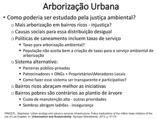 Arborização Urbana
• Como poderia ser estudado pela justiça ambiental?
o Mais arborização em bairros ricos - injustiça?
o Causas sociais para essa distribuição desigual
o Políticas de saneamento incluem taxas de serviço
 Taxas para arborização ambiental?
 População não aceita bem a criação de taxas para o serviço ambiental de
arborização
o Sistema alternativo:
 Parcerias público-privadas
 Patrocinadores + ONGs + ProprietáriosMoradores Locais
 Como fazer esse sistema ser transparente e participativo?
o Bairros ricos abraçam melhor as iniciativas
o Bairros pobres são contrários ao plantio de árvore
 Custo de manutenção alto - outras prioridades
 Sombras abrigam ladrões - insegurança
PINCETL, Stephanie. Urban ecology and nature’s services infrastructure: Policy implications of the million trees initiative of the
city of Los Angeles. In: Urbanization and Sustainability. Springer Netherlands, 2013. p. 61-74.
 