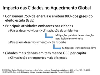 Impacto das Cidades no Aquecimento Global
• Consomem 75% da energia e emitem 80% dos gases do
efeito estufa (GEE)
• Principais atividades emissoras nas cidades
oPaíses desenvolvidos -> climatização de ambientes
oPaíses em desenvolvimento -> transporte
• Cidades mais densas emitem menos GEE per capita
oClimatização e transportes mais eficientes
CHURKINA, Galina. Modeling the carbon cycle of urban systems. Ecological modelling, v. 216, n. 2, p. 107-113, 2008.
HOORNWEG, Dan et al.. Cities and climate change: An urgent agenda. The world Bank, 2011.
Mitigação: padrões de construção
para isolamento térmico
Mitigação: transporte coletivo
 