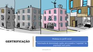 GENTRIFICAÇÃO
Mudança no perfil social
Valorização de determinada região, provocando a “expulsão” da
população mais pobre
www.jografia.com
 