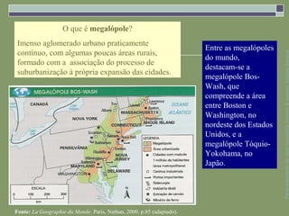 O que é megalópole?
 Imenso aglomerado urbano praticamente
                                                                       Entre as megalópoles
 contínuo, com algumas poucas áreas rurais,




                                                                                              Parte integrante da obra Geografia homem & espaço, Editora Saraiva
                                                                       do mundo,
 formado com a associação do processo de
                                                                       destacam-se a
 suburbanização à própria expansão das cidades.
                                                                       megalópole Bos-
                                                                       Wash, que
                                                                       compreende a área
                                                                       entre Boston e
                                                                       Washington, no
                                                                       nordeste dos Estados
                                                                       Unidos, e a
                                                                       megalópole Tóquio-
                                                                       Yokohama, no
                                                                       Japão.




Fonte: La Geographie du Monde. Paris, Nathan, 2000. p.85 (adaptado).
 
