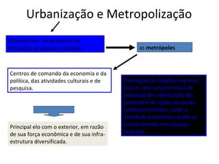 Urbanização e Metropolização
Formação de cidades enormes:
essa é uma característica do
processo de urbanização de
praticamente todos os países
subdesenvolvidos, onde a
atividade econômica acaba se
concentrando em espaços
restritos.
Marcada por um processo de
formação de grandes cidades: as metrópoles
Centros de comando da economia e da
política, das atividades culturais e de
pesquisa.
Principal elo com o exterior, em razão
de sua força econômica e de sua infra-
estrutura diversificada.
 