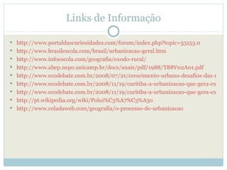 Links de Informação

 http://www.portaldascuriosidades.com/forum/index.php?topic=53153.0
 http://www.brasilescola.com/brasil/urbanizacao-geral.htm
 http://www.infoescola.com/geografia/exodo-rural/
 http://www.abep.nepo.unicamp.br/docs/anais/pdf/1988/T88V02A01.pdf
 http://www.ecodebate.com.br/2008/07/21/crescimento-urbano-desafios-das-metro
 http://www.ecodebate.com.br/2008/11/19/curitiba-a-urbanizacao-que-gera-exclusa
 http://www.ecodebate.com.br/2008/11/19/curitiba-a-urbanizacao-que-gera-exclusa
 http://pt.wikipedia.org/wiki/Polui%C3%A7%C3%A3o
 http://www.coladaweb.com/geografia/o-processo-de-urbanizacao
 