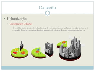 Conceito

• Urbanização
 o   Crescimento Urbano:
       O sentido mais usual, da urbanização, é o de crescimento urbano, ou seja, refere-se à
       expansão física da cidade, mediante o aumento do número de ruas, praças, moradias, etc.
 