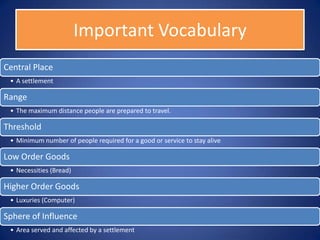 Important Vocabulary
Central Place
 • A settlement

Range
 • The maximum distance people are prepared to travel.

Threshold
 • Minimum number of people required for a good or service to stay alive

Low Order Goods
 • Necessities (Bread)

Higher Order Goods
 • Luxuries (Computer)

Sphere of Influence
 • Area served and affected by a settlement
 