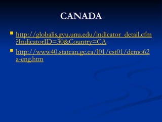 CANADA
 http://globalis.gvu.unu.edu/indicator_detail.cfm
?IndicatorID=30&Country=CA
 http://www40.statcan.gc.ca/l01/cst01/demo62
a-eng.htm
 