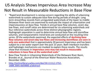 US Analysis Shows Impervious Area Increase May
Not Result in Measurable Reductions in Base Flow
• “Rapid land development ...