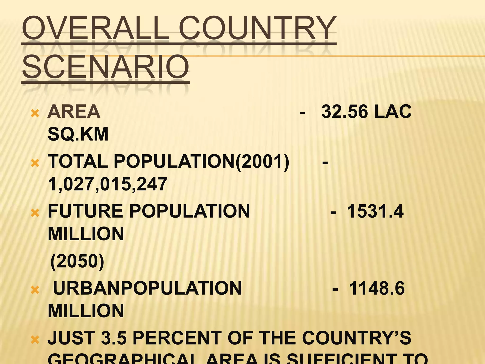OVERALL COUNTRY
SCENARIO
   AREA                    - 32.56 LAC
    SQ.KM
   TOTAL POPULATION(2001)    -
    1,027,015,247
   FUTURE POPULATION           - 1531.4
    MILLION
    (2050)
   URBANPOPULATION             - 1148.6
    MILLION
   JUST 3.5 PERCENT OF THE COUNTRY’S
 
