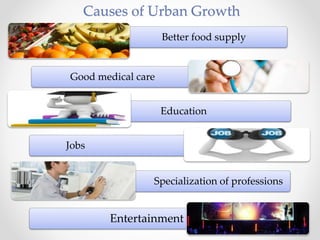 Causes of Urban Growth
Better food supply
Good medical care
Education
Jobs
Specialization of professions
Entertainment
 