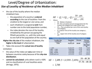 Level/Degree of Urbanization:
Size of Locality of Residence of the Median Inhabitant
• the size of the locality where the median
inhabitant lives.
– the population of a country is ordered
according to the size of localities- from the
smallest to the largest or vice-versa, and
– each inhabitant is assigned a rank from
number one to the total population number,
– the index denotes the size of the locality
inhabited by the person occupying the
fiftieth percentile, i.e., with the rank equal
to one half of the population of the country.
Higher the city size of the median inhabitant, the
higher is the level of urbanization.
• Takes into account the actual size of locality
Limitation:
• the value of the index can vary over time or
between countries solely because of the city-size
distribution.
• cannot be calculated: units where rural is >50%
and no classification of rural localities exists
(Arriaga, 1975).
• Where:
– MI :Median Inhabitant
– PPi :The cumulative percent of population for the
locality-size category just under 50 per cent;
– PPi+1 :The cumulative per cent of the next locality-
size category;
– Qi :Lowerer limit of the locality-size category i;
and
– Qi+1 :Upper limit of the locality size of category
i+1.
PP-PP
PP-50
)Q-Q(+Q=MI
i1+i
i
i1+ii
705,2
30.4978.57
30.49
4,25.499,2


-50
99)-(4,999+=MI
Computation of size of locality of residence of Median Inhabitant
Locality Size
Categories
Populatio
n
Percent Percent
Cumulati
ve
Distributi
on
Total 34,923,129 100.00
< 1,000
1,000 - 2,499
2,500 - 4,999
5,000 - 99,999
10,000 and over
12,222,347
4,995,644
2,959,460
8,233,426
6,512,232
35.00
14.30
8.48
23.57
18.65
35.00
49.30
57.78
81.35
100.00
 