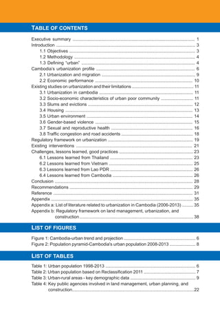 TABLE OF CONTENTS
LIST OF FIGURES
LIST OF TABLES
Executive summary ................................................................................................... 1
Introduction ................................................................................................................. 3
	 1.1 Objectives ...................................................................................................... 3
	 1.2 Methodology .................................................................................................. 4
	 1.3 Defining “urban” ............................................................................................ 4
Cambodia’s urbanization profile ................................................................................ 6
	 2.1 Urbanization and migration ............................................................................ 9
	 2.2 Economic performance ............................................................................... 10
Existing studies on urbanization and their limitations .................................................. 11
	 3.1 Urbanization in cambodia ............................................................................ 11
	 3.2 Socio-economic characteristics of urban poor community .......................... 11
	 3.3 Slums and evictions ..................................................................................... 12
	 3.4 Housing ....................................................................................................... 13
	 3.5 Urban environment ...................................................................................... 14
	 3.6 Gender-based violence ............................................................................... 15
	 3.7 Sexual and reproductive health .................................................................. 16
	 3.8 Traffic congestion and road accidents .......................................................... 18
Regulatory framework on urbanization ..................................................................... 19
Existing interventions .............................................................................................. 21
Challenges, lessons learned, good practices ............................................................ 23
	 6.1 Lessons learned from Thailand ................................................................... 23
	 6.2 Lessons learned from Vietnam .................................................................... 25
	 6.3 Lessons learned from Lao PDR ................................................................... 26
	 6.4 Lessons learned from Cambodia ................................................................. 26
Conclusion ................................................................................................................ 28
Recommendations .................................................................................................... 29
Reference ................................................................................................................. 31
Appendix ................................................................................................................... 35
Appendix a: List of literature related to urbanization in Cambodia (2006-2013) ......... 35
Appendix b: Regulatory framework on land management, urbanization, and	
	 construction ............................................................................................ 38
Figure 1: Cambodia-urban trend and projection .......................................................... 6
Figure 2: Population pyramid-Cambodia's urban population 2008-2013 ..................... 8
Table 1: Urban population 1998-2013 ......................................................................... 6
Table 2: Urban population based on Reclassification 2011 .......................................... 7
Table 3: Urban-rural areas - key demographic data ..................................................... 9
Table 4: Key public agencies involved in land management, urban planning, and
construction...................................................................................................22
 