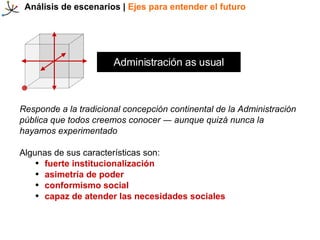 Análisis de escenarios |  Ejes para entender el futuro Administración as usual <ul><li>Responde a la tradicional concepció...