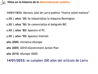 Hitos en la historia de la   Administración pública 14/01/1833:  Mariano José de Larra publica “Vuelva usted mañana” s.XX ...
