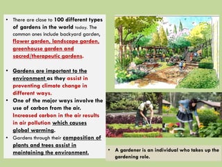 • There are close to 100 different types
of gardens in the world today. The
common ones include backyard garden,
flower garden, landscape garden,
greenhouse garden and
sacred/therapeutic gardens.
• Gardens are important to the
environment as they assist in
preventing climate change in
different ways.
• One of the major ways involve the
use of carbon from the air.
Increased carbon in the air results
in air pollution which causes
global warming.
• Gardens through their composition of
plants and trees assist in
maintaining the environment. • A gardener is an individual who takes up the
gardening role.
 