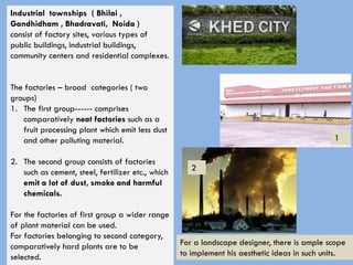 Industrial townships ( Bhilai ,
Gandhidham , Bhadravati, Noida )
consist of factory sites, various types of
public buildings, industrial buildings,
community centers and residential complexes.
The factories – broad categories ( two
groups)
1. The first group------ comprises
comparatively neat factories such as a
fruit processing plant which emit less dust
and other polluting material.
2. The second group consists of factories
such as cement, steel, fertilizer etc., which
emit a lot of dust, smoke and harmful
chemicals.
For the factories of first group a wider range
of plant material can be used.
For factories belonging to second category,
comparatively hard plants are to be
selected.
1
2
For a landscape designer, there is ample scope
to implement his aesthetic ideas in such units.
 