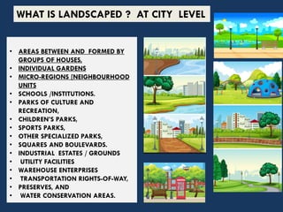 • AREAS BETWEEN AND FORMED BY
GROUPS OF HOUSES,
• INDIVIDUAL GARDENS
• MICRO-REGIONS [NEIGHBOURHOOD
UNITS
• SCHOOLS /INSTITUTIONS.
• PARKS OF CULTURE AND
RECREATION,
• CHILDREN’S PARKS,
• SPORTS PARKS,
• OTHER SPECIALIZED PARKS,
• SQUARES AND BOULEVARDS.
• INDUSTRIAL ESTATES / GROUNDS
• UTILITY FACILITIES
• WAREHOUSE ENTERPRISES
• TRANSPORTATION RIGHTS-OF-WAY,
• PRESERVES, AND
• WATER CONSERVATION AREAS.
WHAT IS LANDSCAPED ? AT CITY LEVEL
 