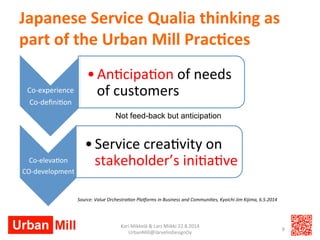 Japanese 
Service 
Qualia 
thinking 
as 
part 
of 
the 
Urban 
Mill 
Prac3ces 
Not feed-back but anticipation 
Kari 
Mikke...