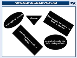 PROBLEMAS CAUSADOS PELO LIXO
PROBLEMAS CAUSADOS PELO LIXO


Proliferação
de
Insetos
Decomposição bacteriana
da
matéria
orgânica
Contam
inação
com
produtos
tóxicos
Acúmulo de materiais
Não biodegradáveis
chorume
 