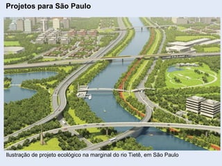 Projetos para São Paulo
Ilustração de projeto ecológico na marginal do rio Tietê, em São Paulo
 
