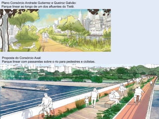 Plano Consórcio Andrade Gutierrez e Queiroz Galvão:
Parque linear ao longo de um dos afluentes do Tietê.
Proposta do Consórcio Axal:
Parque linear com passarelas sobre o rio para pedestres e ciclistas.
 