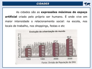CIDADES
CIDADES


As cidades são as expressões máximas do espaço
artificial criado pelo próprio ser humano. É onde vive em
maior intensidade o relacionamento social: na escola, nos
locais de trabalho, nos shoppings, festas e etc
 