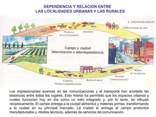 DEPENDENCIA Y RELACIÓN ENTRE 
LAS LOCALIDADES URBANAS Y LAS RURALES 
Los impresionantes avances en las comunicaciones y el transporte han acortado las 
distancias entre todos los lugares. Esto mismo ha permitido que los espacios urbanos y 
rurales funcionen hoy en día como un todo integrado y, por lo tanto, se influyan 
recíprocamente. El campo entrega a la ciudad alimentos y materias primas, transformando 
a la ciudad en su principal mercado. La ciudad le entrega al campo productos 
manufacturados y medios técnicos, además de servicios de comunicación. 
 