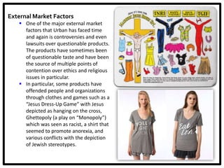 External Market Factors
    One of the major external market
     factors that Urban has faced time
     and again is controversies and even
     lawsuits over questionable products.
     The products have sometimes been
     of questionable taste and have been
     the source of multiple points of
     contention over ethics and religious
     issues in particular.
    In particular, some products have
     offended people and organizations
     through clothes and games such as a
     “Jesus Dress-Up Game” with Jesus
     depicted as hanging on the cross,
     Ghettopoly (a play on “Monopoly”)
     which was seen as racist, a shirt that
     seemed to promote anorexia, and
     various conflicts with the depiction
     of Jewish stereotypes.
 