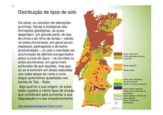 Distribuição de tipos de solo
Os solos, ou resultam de alterações
químicas, físicas e biológicas das
formações geológicas, as quais
dependem, em grande parte, do tipo
de clima e do ritmo do tempo – dando
os solos eluvionares, em geral pouco
espessos, pedregosos e de baixa
produtividade –, ou são o resultado da
acumulação de detritos transportados
pelos cursos de água – os aluviões ou
solos aluvionares, em geral mais
profundos do que aqueles, mas que
só se encontram em áreas reduzidas
nos vales largos do norte e nuns
largos quilómetros quadrados nas
bacias do Tejo - Sado.
Seja qual for a sua origem, os solos
estão sujeitos a vários tipos de erosão
que contribuem para aumentar a sua
degradação e o seu empobrecimento
http://www.igeo.pt/atlas/cap1/Cap1d_6.html

Solos castanhos
Solos pedregosos pouco
evoluídos
Solos argilosos
Solos ácidos

Solos sobre depósitos
fluviais recentes
Solos mtº pouco evoluídos
Solos negros argilosos
Solos pouco evoluídos em
montanhas
Solos ligados a toalhas de
água salgada
Solos fracamente
permeáveis

 