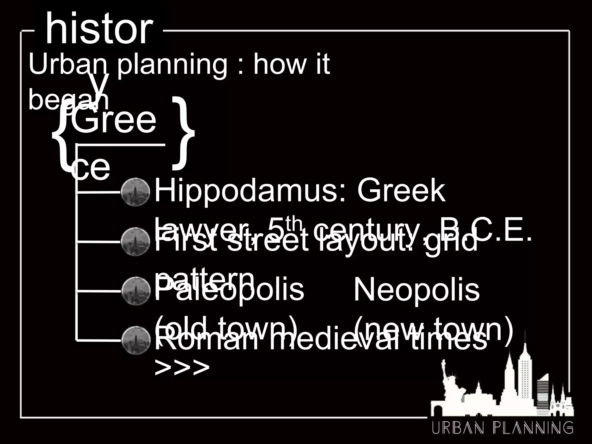 histor
y
Urban planning : how it
began
{Gree
ce
}
Hippodamus: Greek
lawyer, 5th century, B.C.E.First street layout: grid
patternPaleopolis
(old town)
>>>
Roman medieval times
Neopolis
(new town)
 