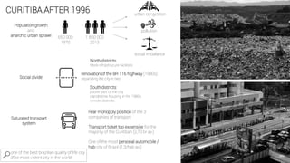 CURITIBA AFTER 1996
Population growth
and
anarchic urban sprawl 650 000
1970
1 850 000
2013
urban congestion
pollution
social imbalance
Social divide
South districts:
poorer part of the city
clandestine housing in the 1980s
remote districts
North districts:
More infrastrucure facilities
renovation of the BR 116 highway (1980s)
separating the city in two
Saturated transport
system
near monopoly position of the 3
companies of transport
Transport ticket too expensive for the
majority of the Curitiban (2,70 br av.)
One of the most personal automobile /
hab city of Brazil (1,3/hab av.)
one of the best brazilian quality of life city
39st most violent city in the world
 