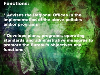 Functions: * Advises the Regional Offices in the implementation of the above policies and/or programs * Develops plans, programs, operating standards and administrative measures to promote the Bureau’s objectives and functions 