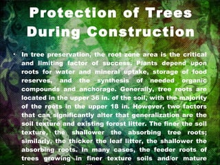 Protection of Trees During Construction In tree preservation, the root zone area is the critical and limiting factor of success. Plants depend upon roots for water and mineral uptake, storage of food reserves, and the synthesis of needed organic compounds and anchorage. Generally, tree roots are located in the upper 36 in. of the soil, with the majority of the roots in the upper 18 in. However, two factors that can significantly alter that generalization are the soil texture and existing forest litter. The finer the soil texture, the shallower the absorbing tree roots; similarly, the thicker the leaf litter, the shallower the absorbing roots. In many cases, the feeder roots of trees growing in finer texture soils and/or mature forest situations will occur in the upper six to twelve inches of soil. 