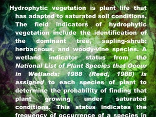 Hydrophytic vegetation is plant life that has adapted to saturated soil conditions. The field indicators of hydrophytic vegetation include the identification of the dominant tree, sapling-shrub: herbaceous, and woody-vine species. A wetland indicator status from the  National List of Plant Species that Occur in Wetlands: 1988 (Reed, 1988) is assigned  to each species of plant to determine the probability of finding that plant growing under saturated conditions. This status indicates the frequency of occurrence of a species in wetlands as shown in Table 17.3. 